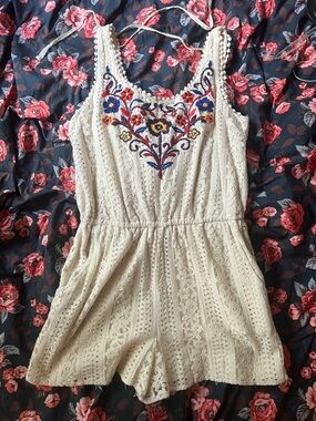 Xhilaration Cream Crochet Romper with Blue, Red & Purple Floral Embroidery